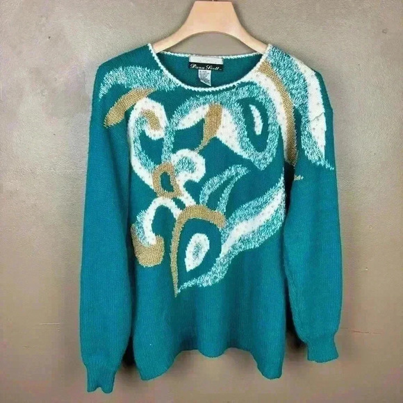 Vintage Dana Scott Teal & Gold Embellished Sweater Size Small 80s Sweater - Picture 2 of 8